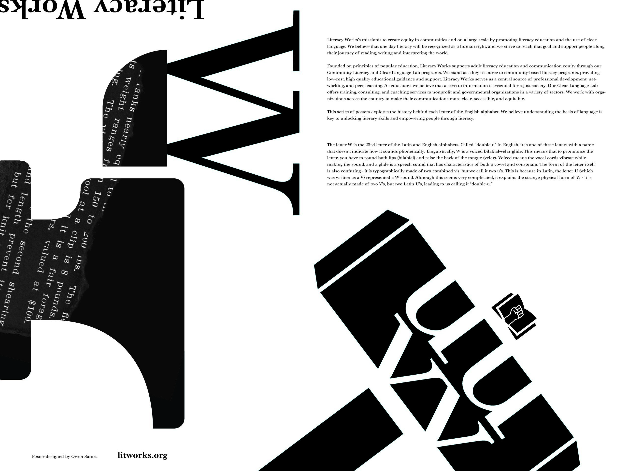 Black-and-white typographic poster filled with distorted, overlapping letterforms and dense text compositions. A tall utility pole stands at the center, constructed entirely from repeated “Why” text. Power lines stretch outward in all directions, also made from tiny repeated letters. Large fragmented phrases—“Why do people have to live outside?”, “In tents,” “under bridges,” and “Living with nothing and horribly suffering”—arc across the layout. Visual noise created by thousands of tiny characters forms a chaotic texture around the pole, evoking urgency and social crisis. Near the bottom, an oversized “Why?” anchors the composition.