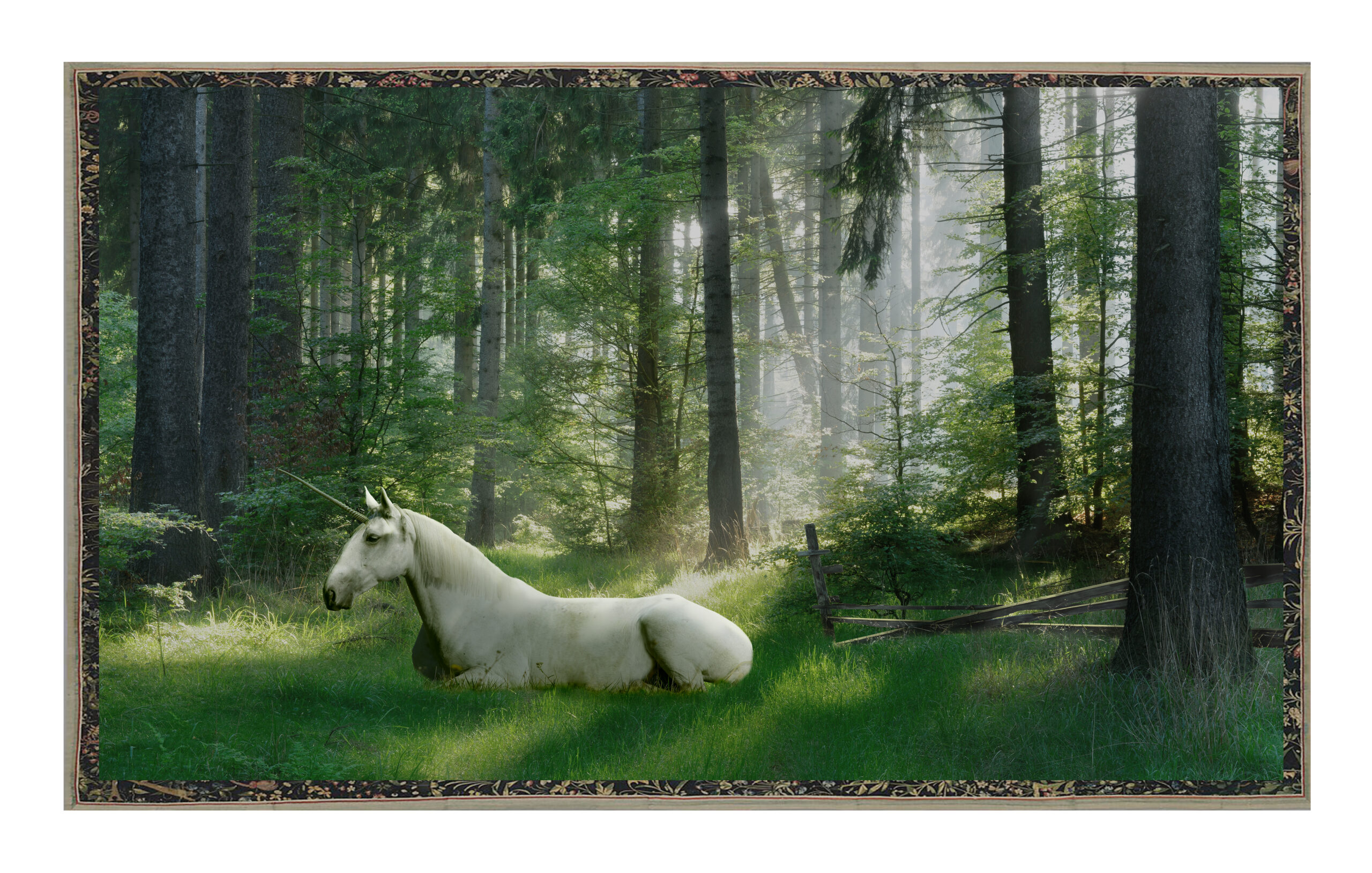 Photorealistic digital illustration of a unicorn resting on a green forest floor. Shafts of light penetrate the tall tree canopy, illuminating patches of moss and undergrowth. The unicorn lies calmly with its legs tucked beneath it, appearing like a hybrid between a real horse and a mythical creature. A partially collapsed wooden fence sits behind it, adding to the atmospheric woodland setting framed by a vintage tapestry-style border.