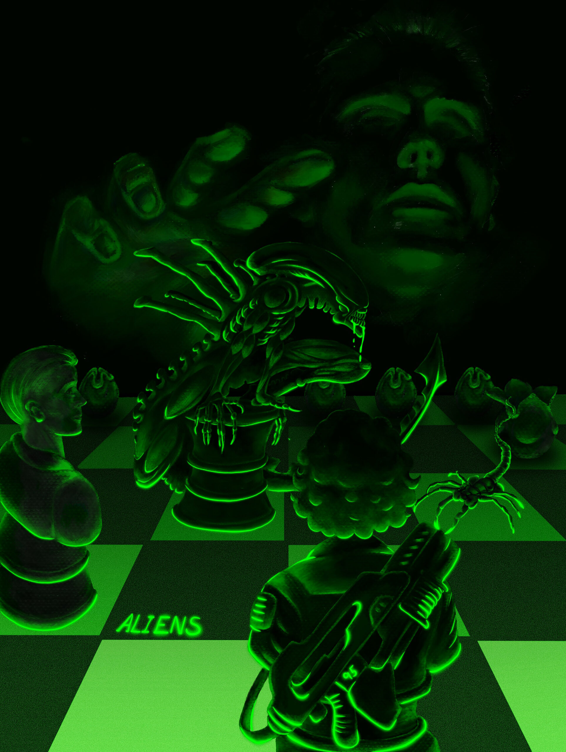 Neon-green, sci-fi themed digital artwork depicting characters from the Alien franchise arranged on a glowing chessboard. In the foreground, a figure resembling Ripley stands with a weapon, facing a central xenomorph occupying a chess piece pedestal. Other pieces, including facehuggers and eggs, populate the board. Above them, an eerie human face and outstretched hand loom in the darkness. The entire composition uses intense green illumination to evoke danger and tension.