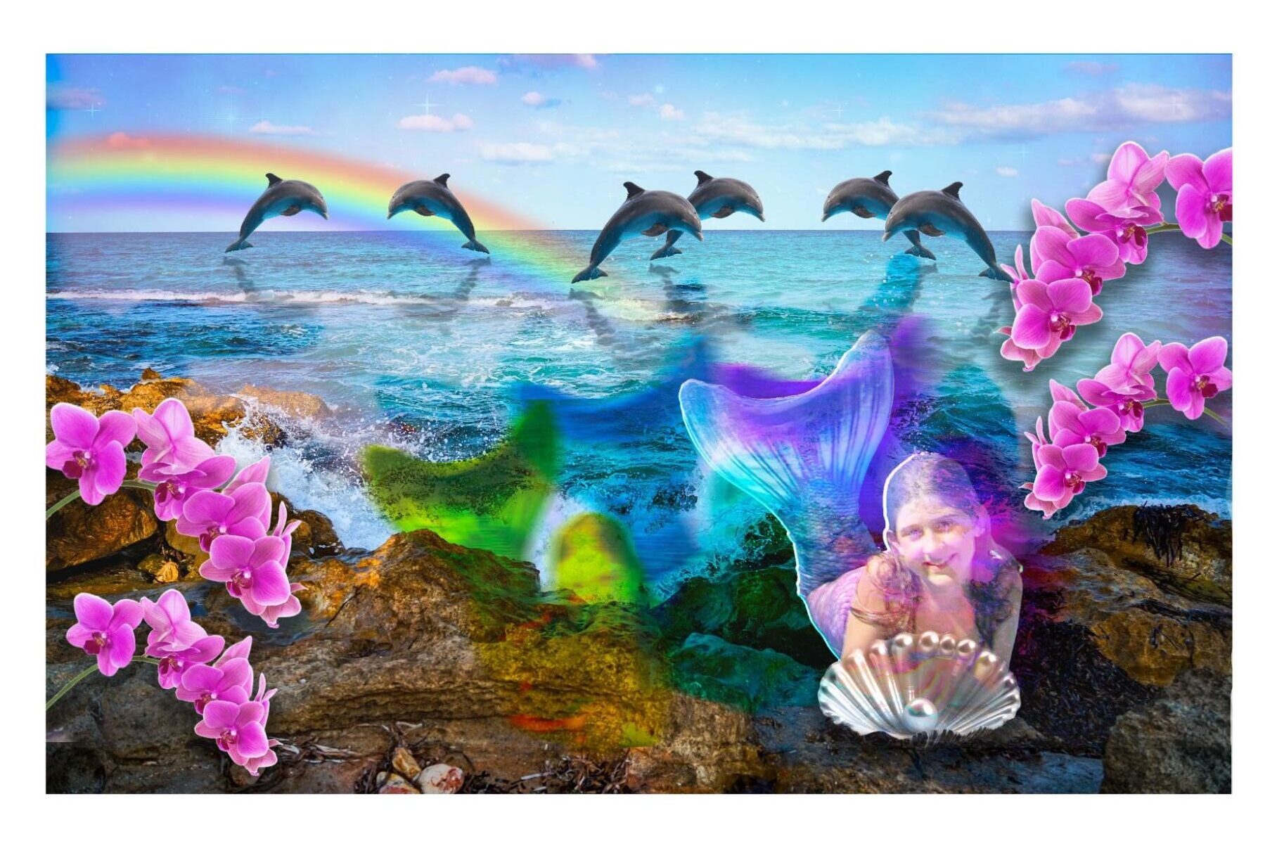 A fantastical collage of a rocky shoreline with turquoise waves, leaping dolphins, a rainbow, and clusters of bright pink orchids. A mermaid figure sits among the rocks, combining a classical sculpture-like torso with a glowing iridescent tail. Colorful light effects blend into the water and sky.