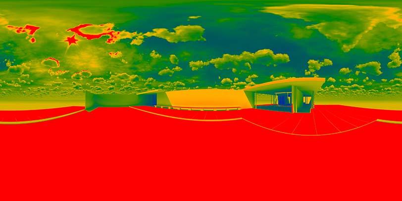 A graphic design render of a building in a red field