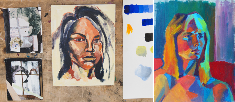 collage of different student paintings on a table, on the left is are two monochromatic paintings of abstract portraits, on the right is a painting of a black woman with shoulder length locks in a loose ponytail, next to that a painting of a european woman with a color swatch paper underneath that