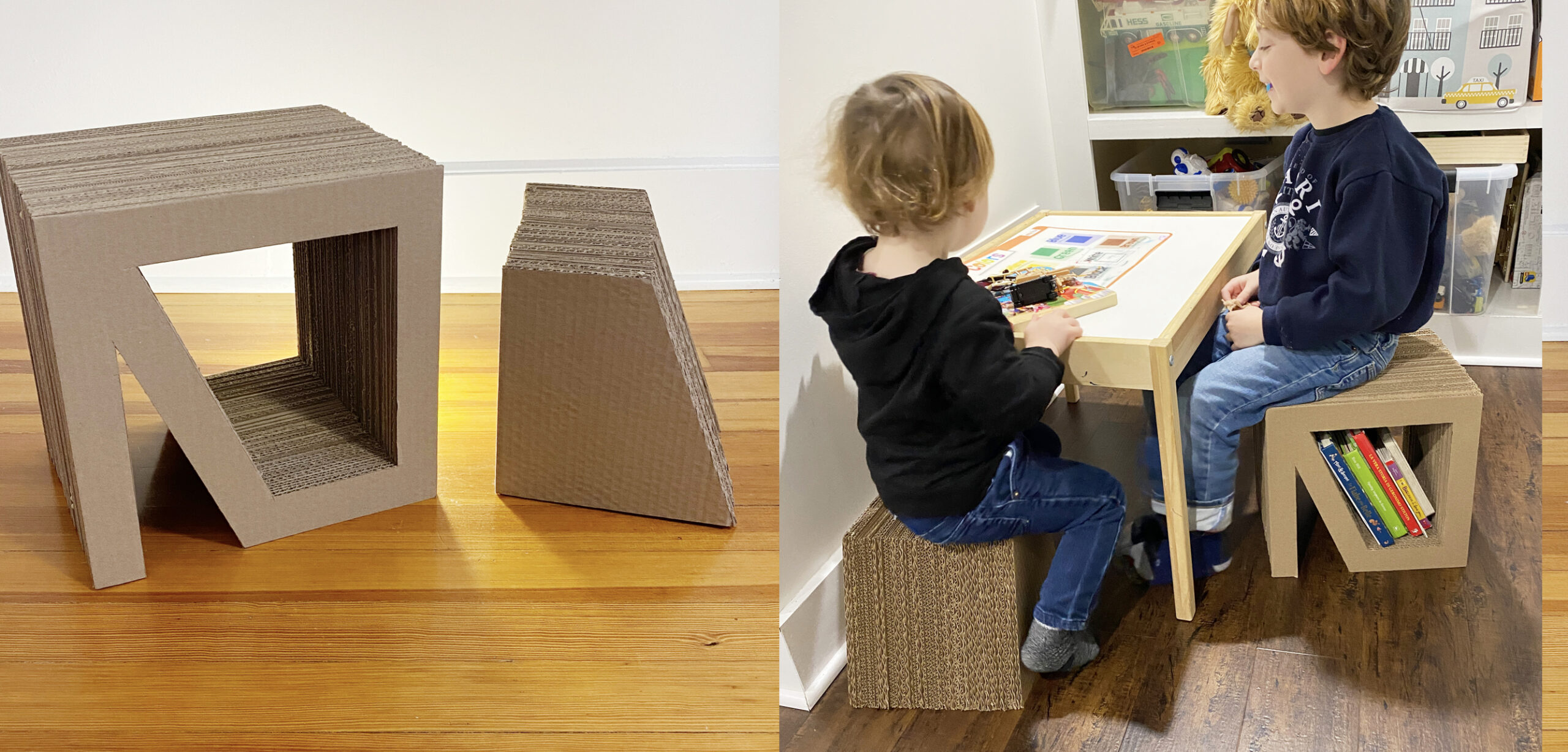 collage of cardboard stools, one with them displayed and one with children seated on the stools