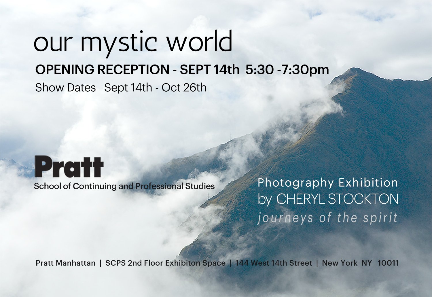 flyer for event, showing event info against a aerial shot of a mountain landscape