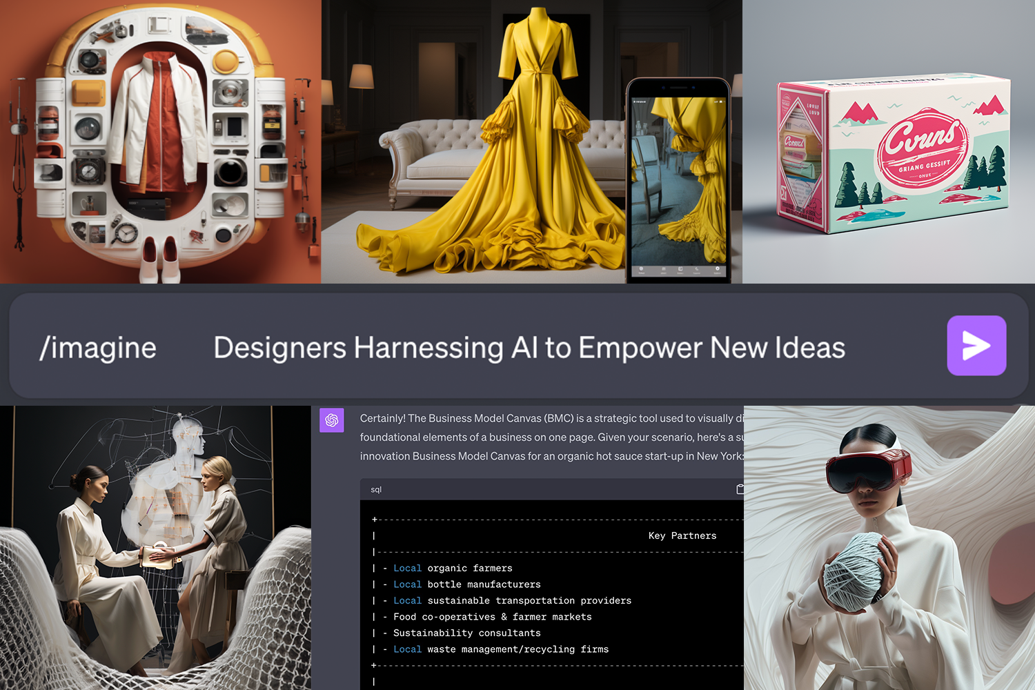 AI generated image illustrating the usage of generative ai in the design process. There is a phone, a dress, a chat gpt prompt screen, a persona wearing a VR headset.
