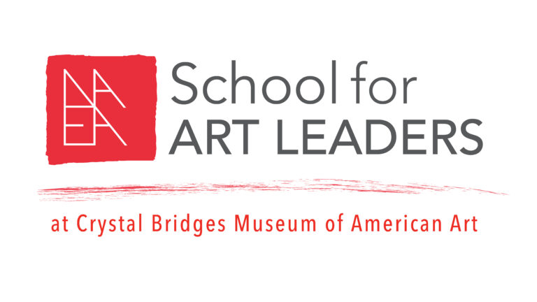 Logo for the School for Art Leaders at Crystal Bridges Museum of American Art. The NAEA logo in red appears on the left, followed by “School for ART LEADERS” in bold text. A red brushstroke underline precedes the words “at Crystal Bridges Museum of American Art” in smaller red text.
