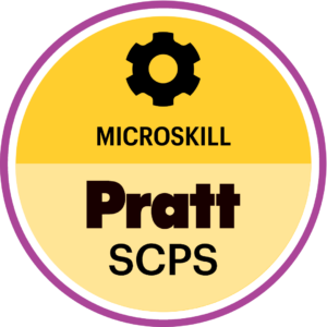 A circular badge with a gear icon at the top center. The top half is yellow with the word "MICROSILL" in black text. The bottom half is light yellow with the name "Pratt" in bold, dark brown text, followed by "SCPS" in smaller text. The badge is outlined in purple.