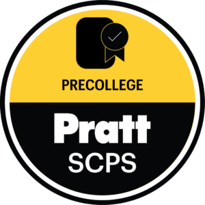 A circular badge with a divided design. The top half is yellow with the word "PRECOLLEGE" in black text and an icon of a document with a checkmark. The bottom half is black with the word "Pratt" in large white bold text and "SCPS" in smaller white text underneath. The badge has a black border.