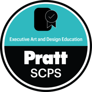 A circular badge with a black border. The top half is turquoise with the text "Executive Art and Design Education." The bottom half is black featuring the word "Pratt" in bold white letters and "SCPS" below it in smaller white letters. An icon of a certificate with a checkmark is present in the turquoise section.