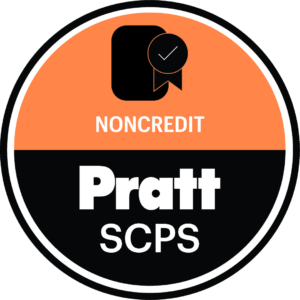 A circular badge featuring a split color design with an orange upper half and a black lower half. The word "NONCREDIT" is prominently displayed in white at the top. In the center, there is an icon of a document with a checkmark and ribbon. Below it, the words "Pratt SCPS" appear in bold white letters.