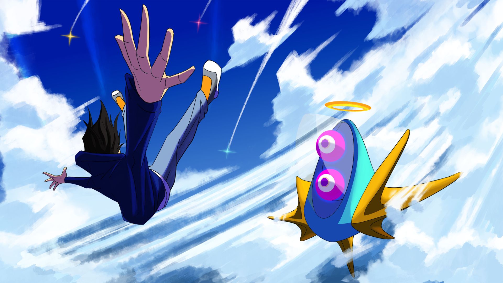 An illustration of a boy flying through the sky. There are clouds and stars around him. There's a flying craft near him.