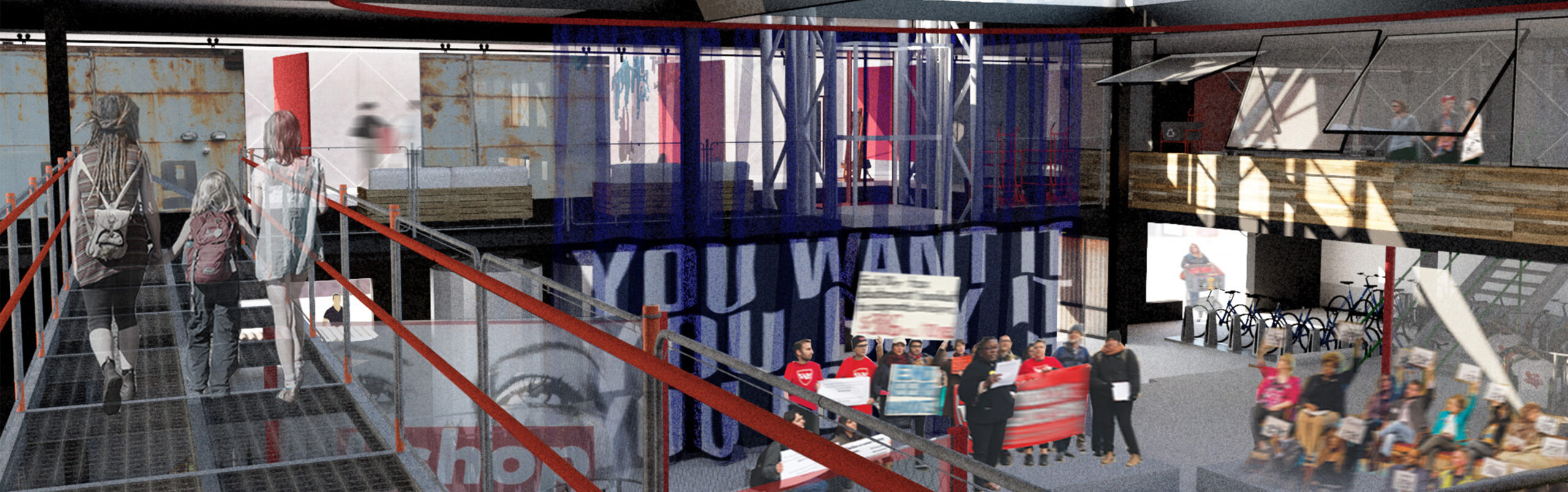 A computer render of a warehouse that has been converted into a mixed-use space with people walking and talking throughout the space.