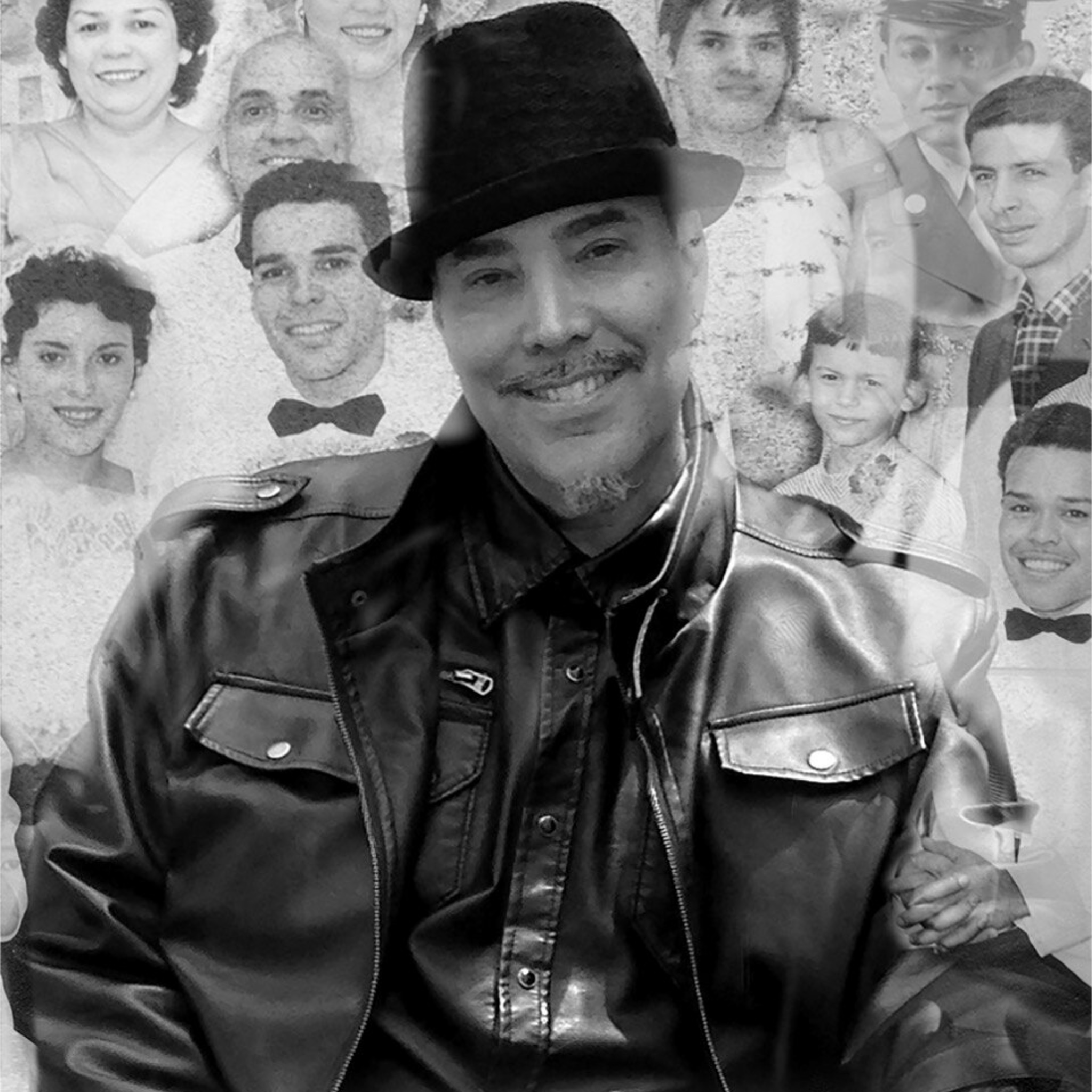 A man in a black leather jacket and fedora smiles slightly at the camera. The portrait is overlaid with semi-transparent images of various family members in formal attire, creating a layered collage effect. The photo is in black and white.