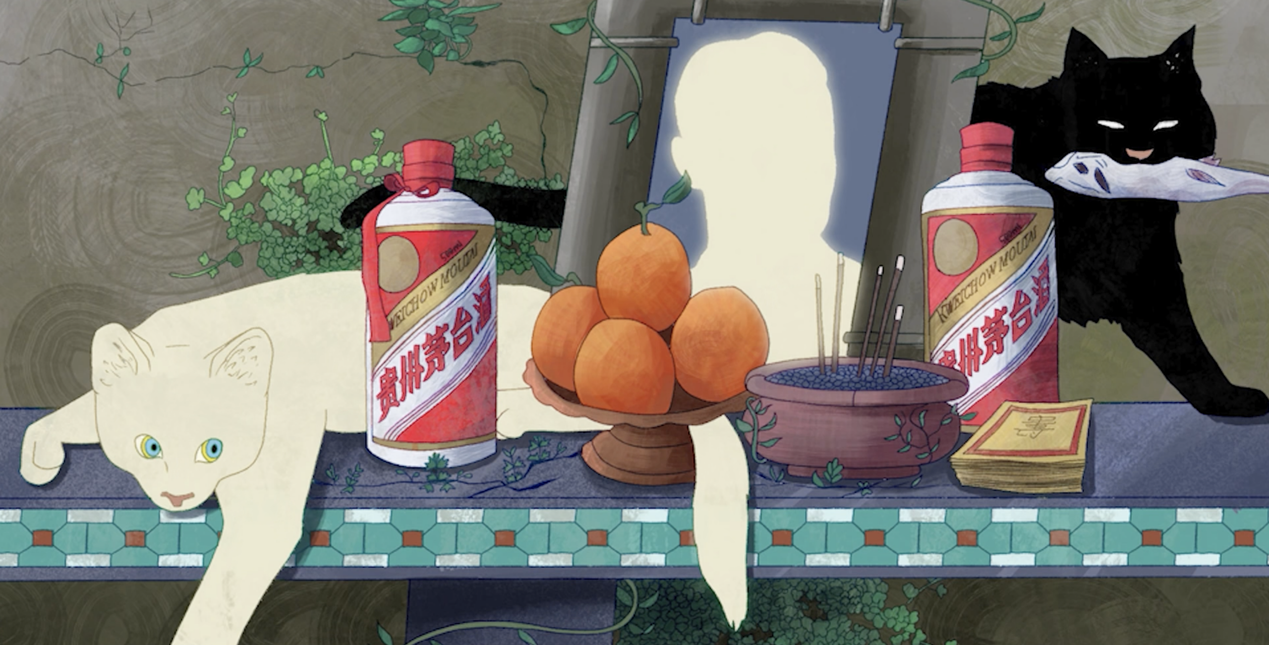 A whimsical illustration featuring a white cat lounging on a shelf next to two bottles of sauce, a bowl of oranges, and various items, including a small bowl with incense sticks and some papers. A silhouette of a person is reflected in a mirror above, and a black cat peeks from behind the shelf, holding a piece of paper in its mouth. Green vines decorate the background, adding a natural touch to the scene.