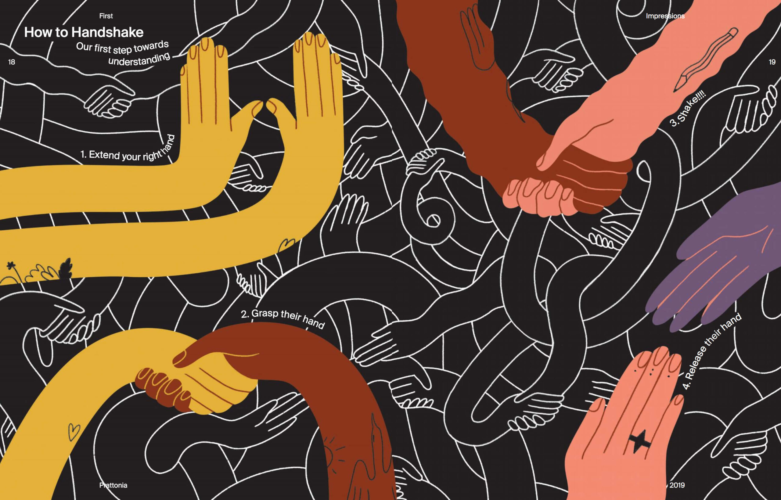 Disembodied arms of different colors wrap around each other against a black background creating a tangled mess.