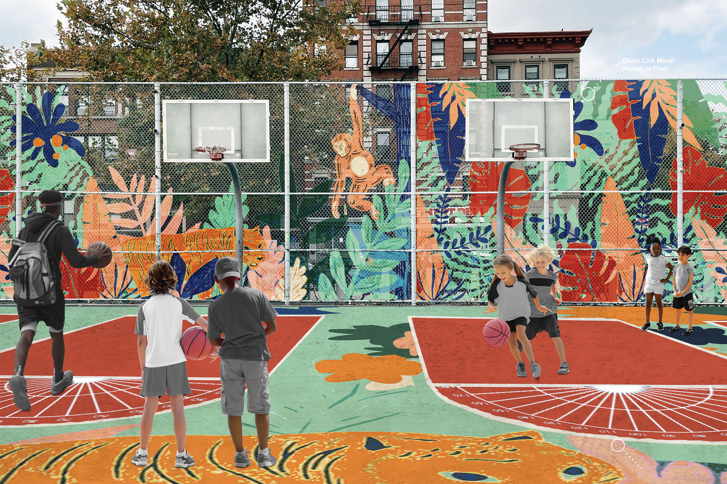 Basketball court from the Learning Scapes case study for PS/MS206 by Pratt students Patrick Suh, Gwen Emery, Pan Niruttisard, Ruiyi Zheng, and Zlatan Wang