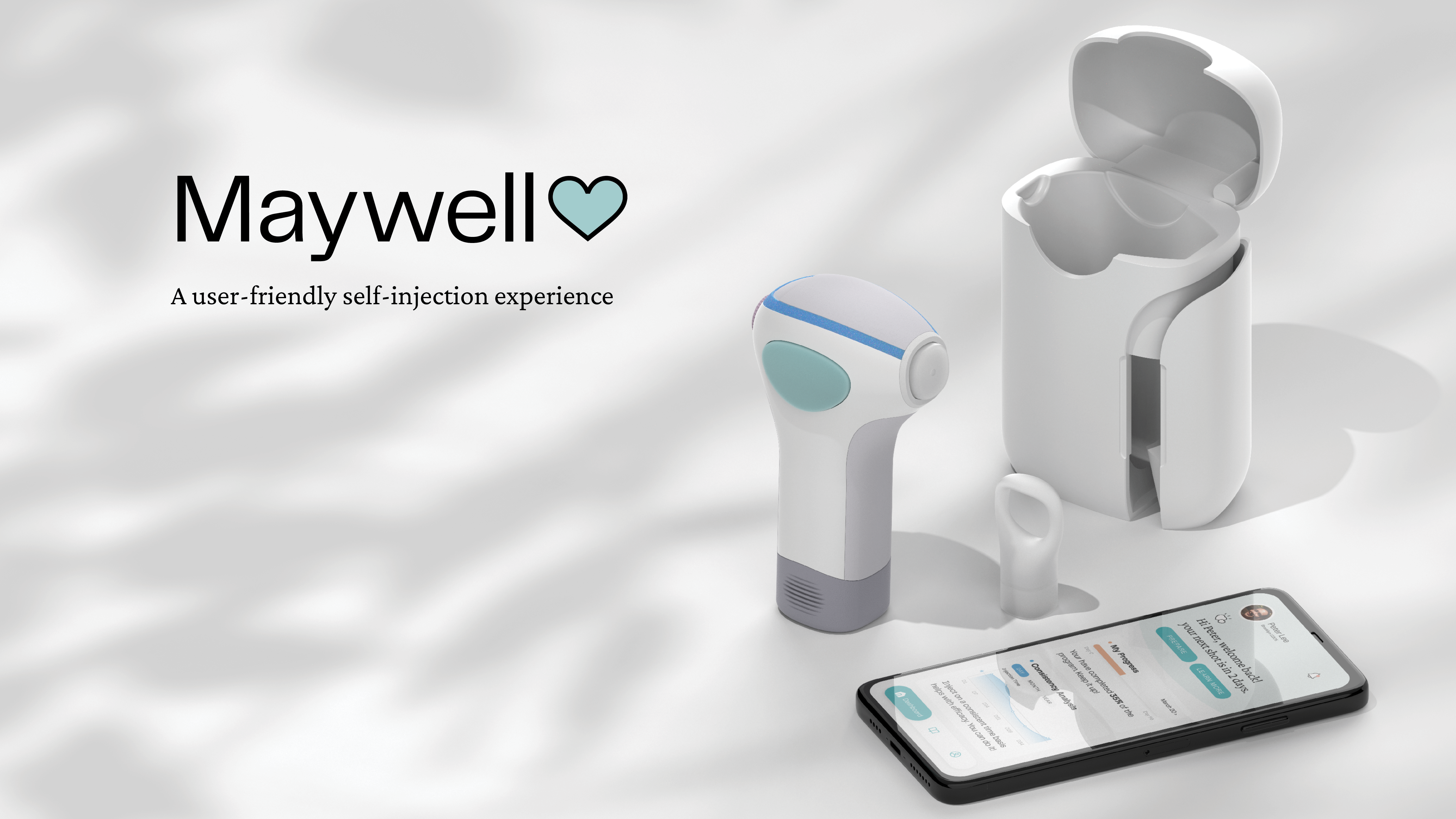 Rendering/depiction of medical device and mobile phone working in tandem, called Maywell