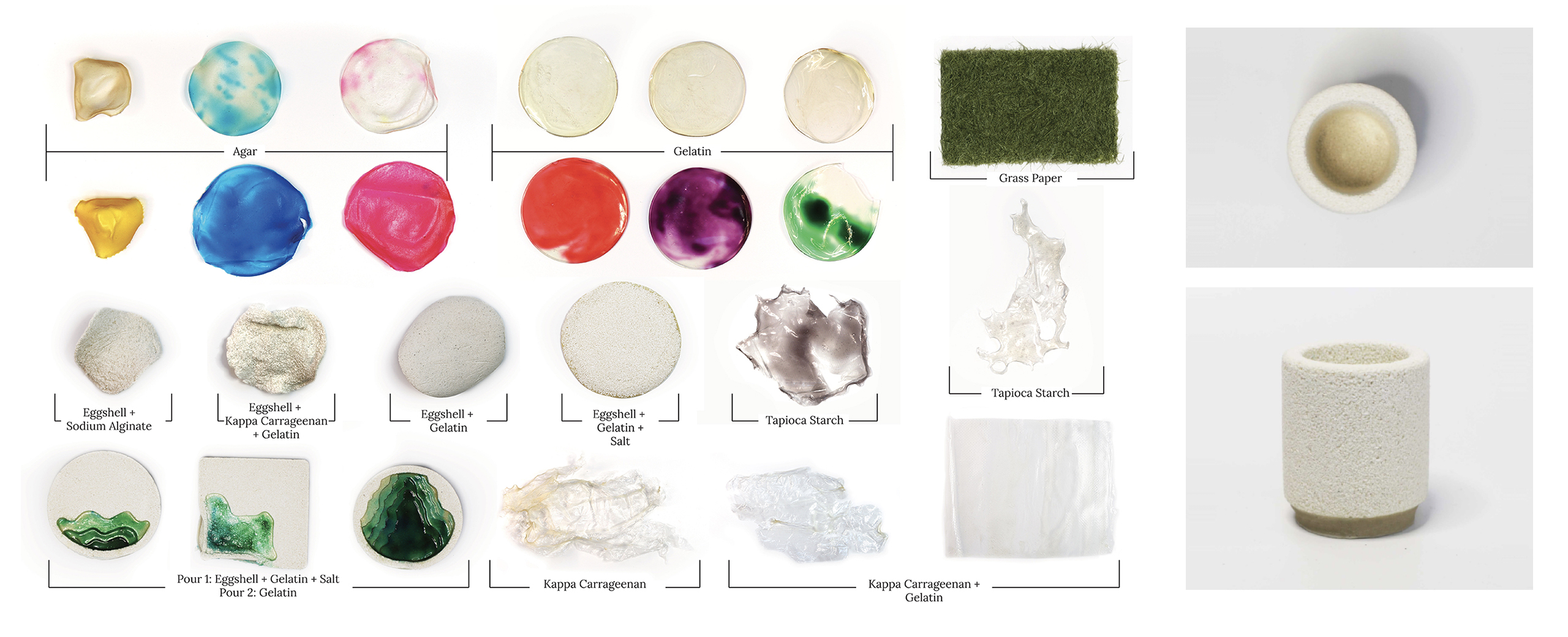 A grid displaying various gel-type materials, including Agar, Gelatin, and different combinations with Eggshell, Sodium Alginate, Kappa Carrageenan, and Tapioca Starch. Each material is represented by colorful blobs or flat shapes. On the right, two white textured cylindrical objects are shown: a small round container viewed from above and a larger cylindrical container.