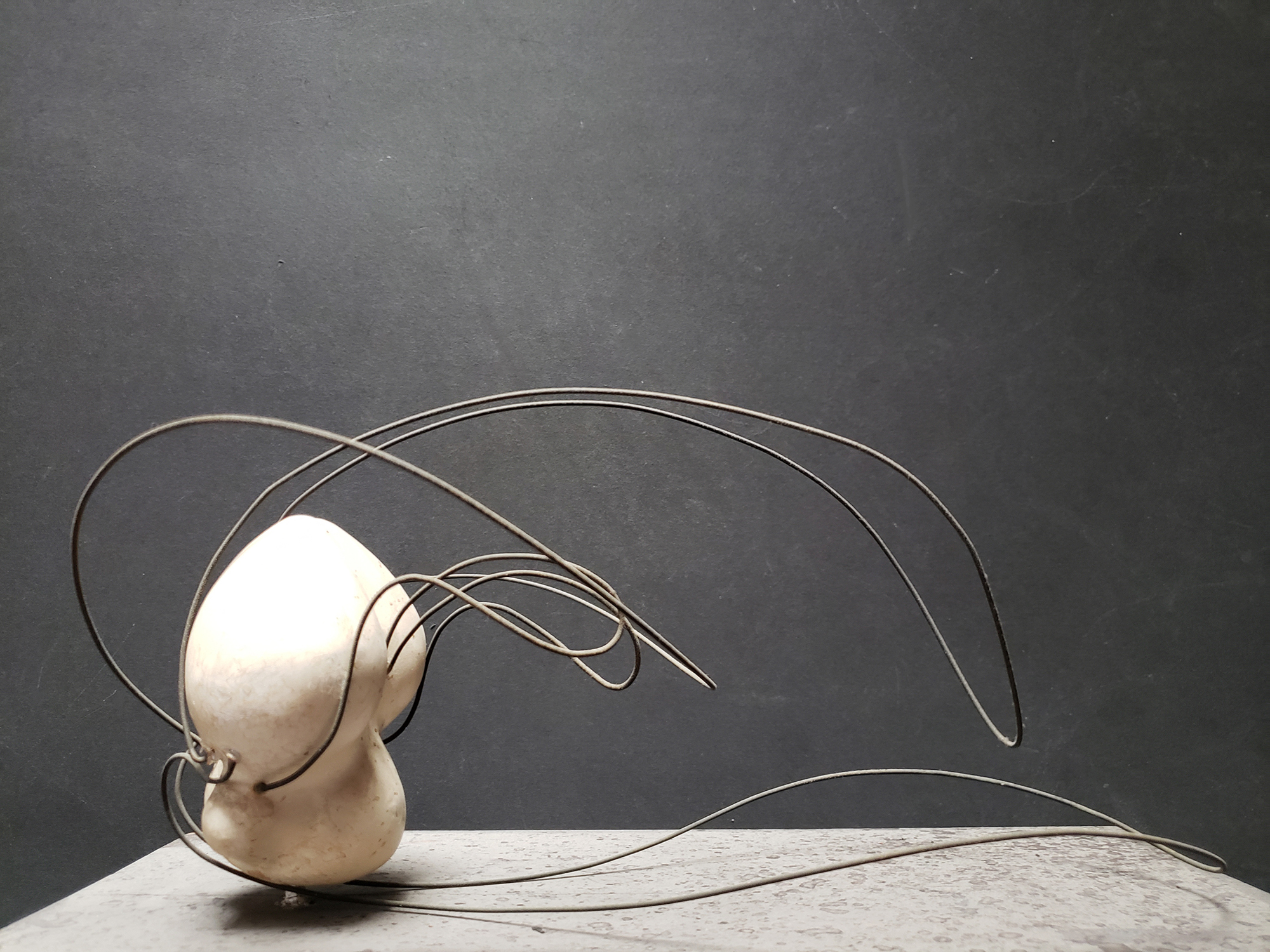 an abstraction made of a small bulbous clay form and curved wires
