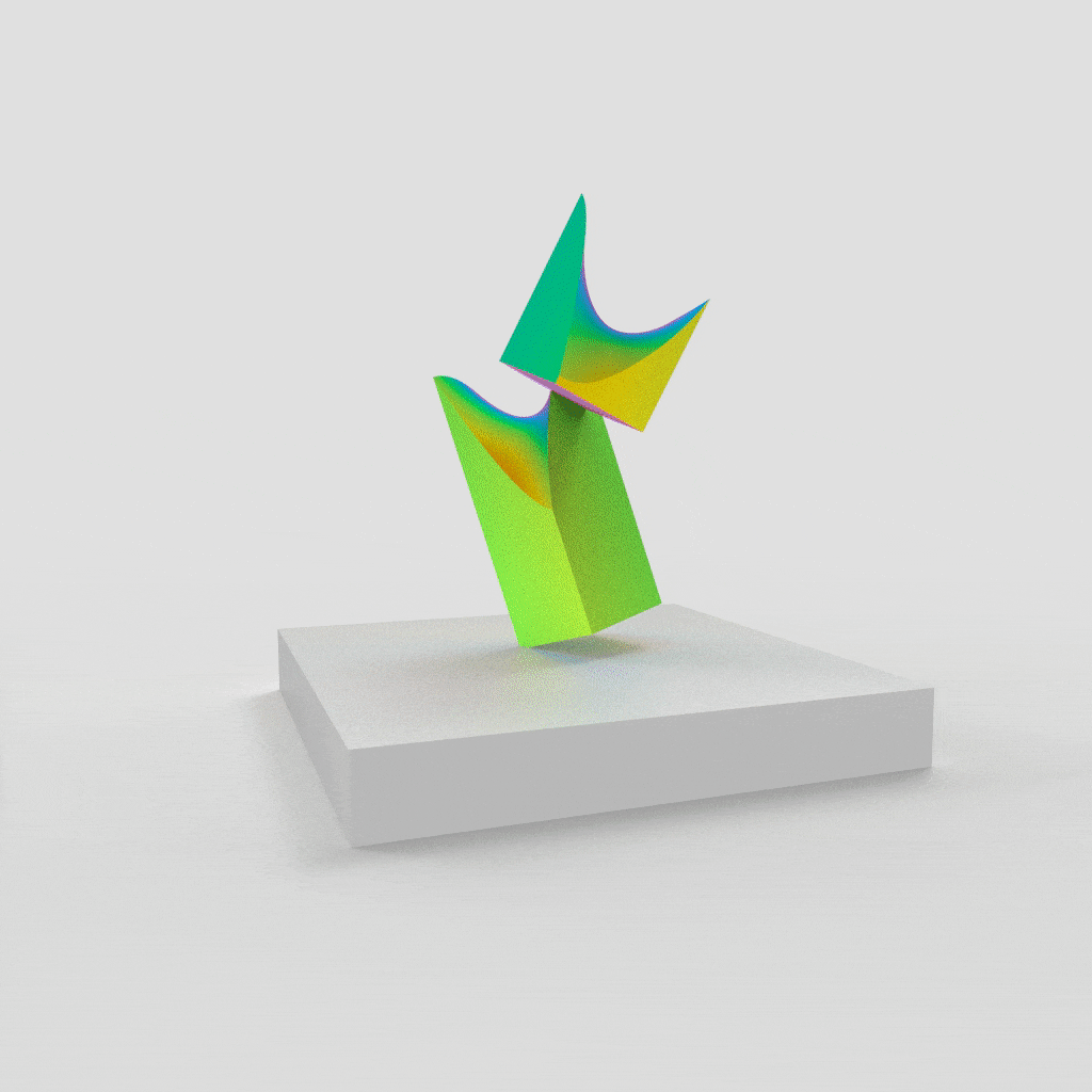 an animated gif or a spinning form composed of two balanced fragments that shift through different colors as they turn