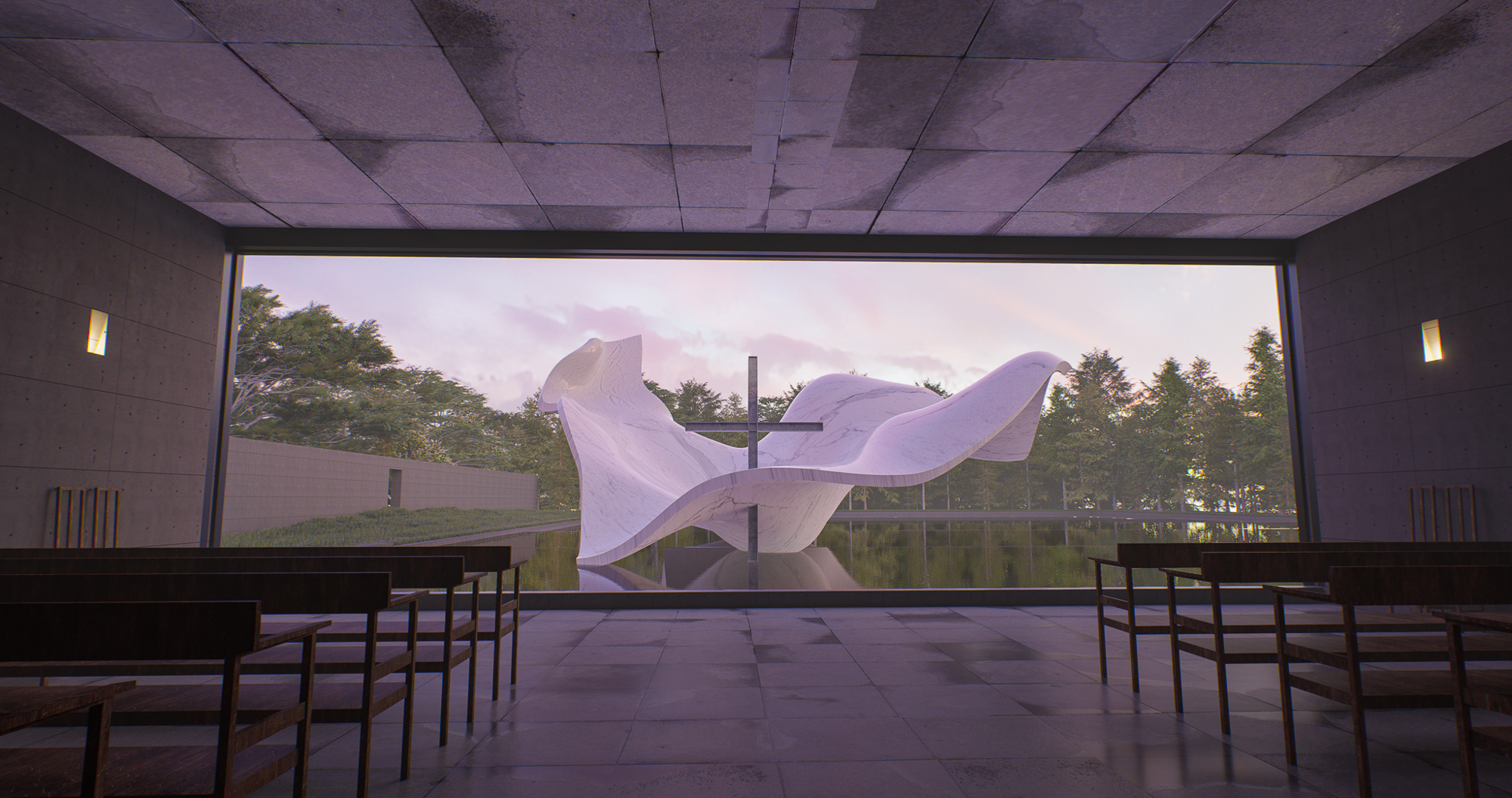 an image of a curved temple seen through a window from the interior of a concrete rectangular room with what appear to be pews on each side of the room