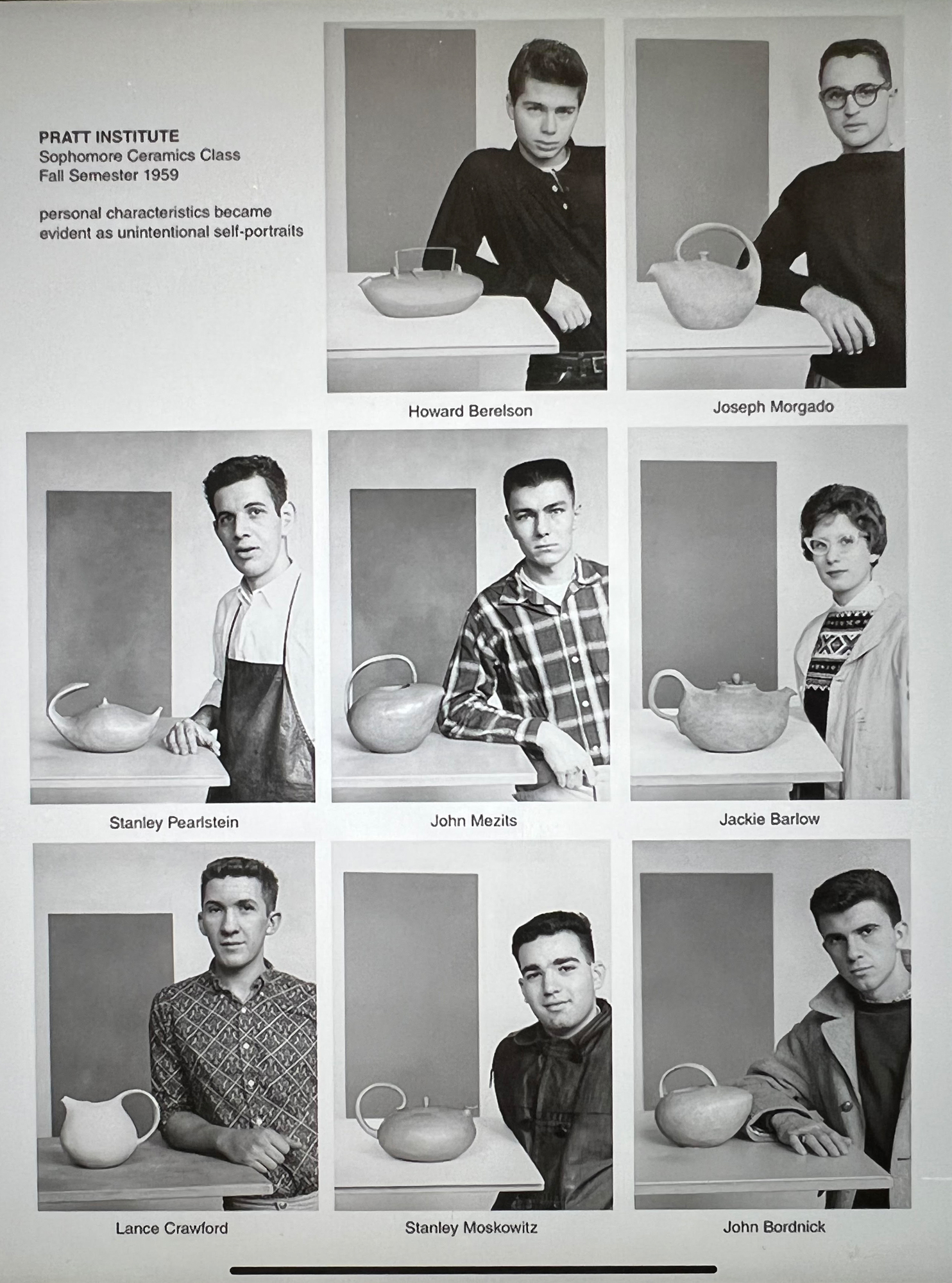 a grid of eight black and white photographs of pratt students with their ceramic teapots. all the students are white. seven are men with similar haircuts, and one is a woman.