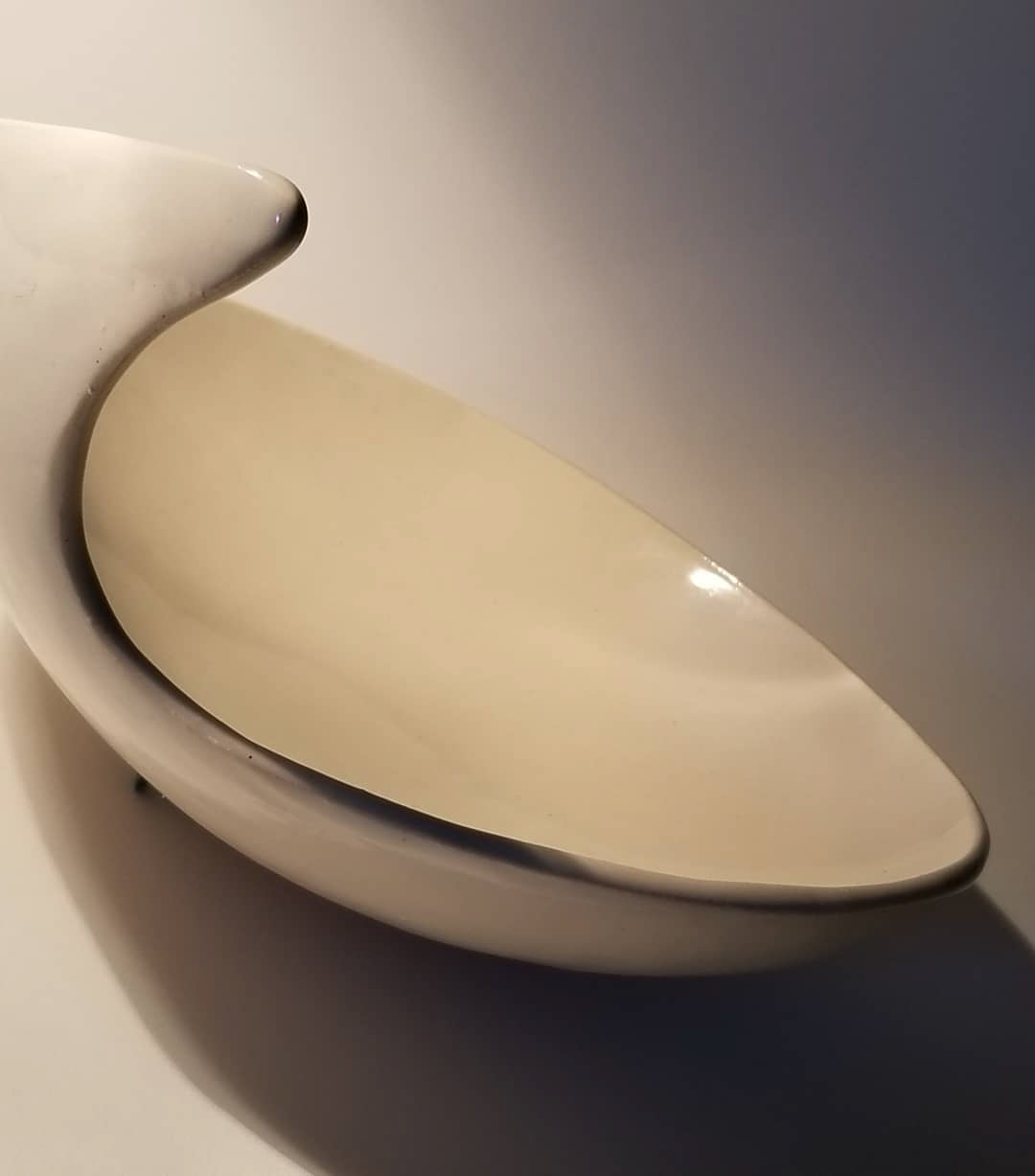 a shallow ceramic bowl with a wavelike point on one end, photographed at a dramatic angle
