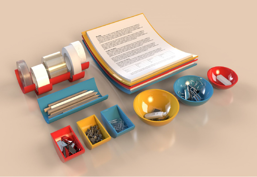 a rendering of curved red, yellow, and blue objects that are sized to hold paper, tape, pencils, and small desk accessories