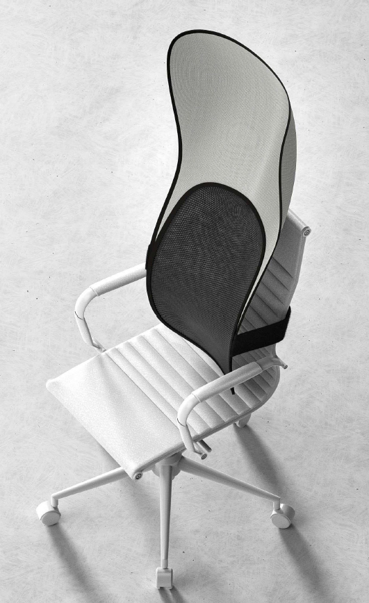 a rendering of a lumbar support device attached to a task chair. the device extends far above the seat of the chair in a spoonlike form