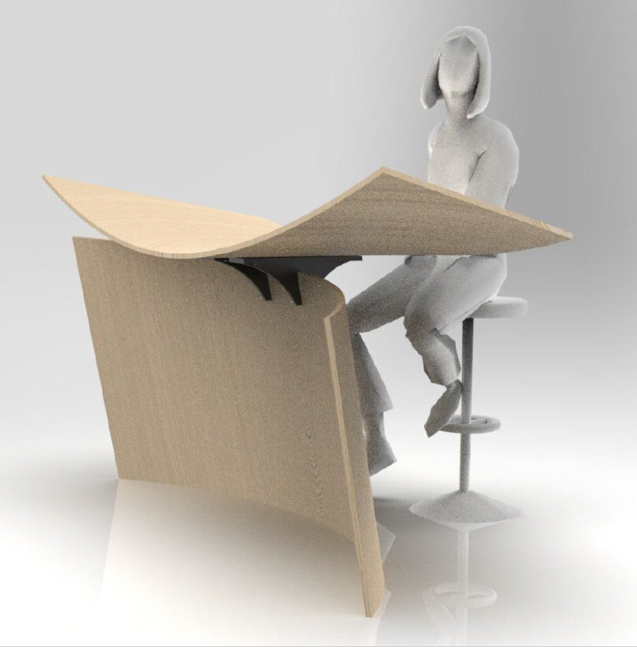 a rendering of a figure sitting at a desk constructed from two sheets of bent plywood