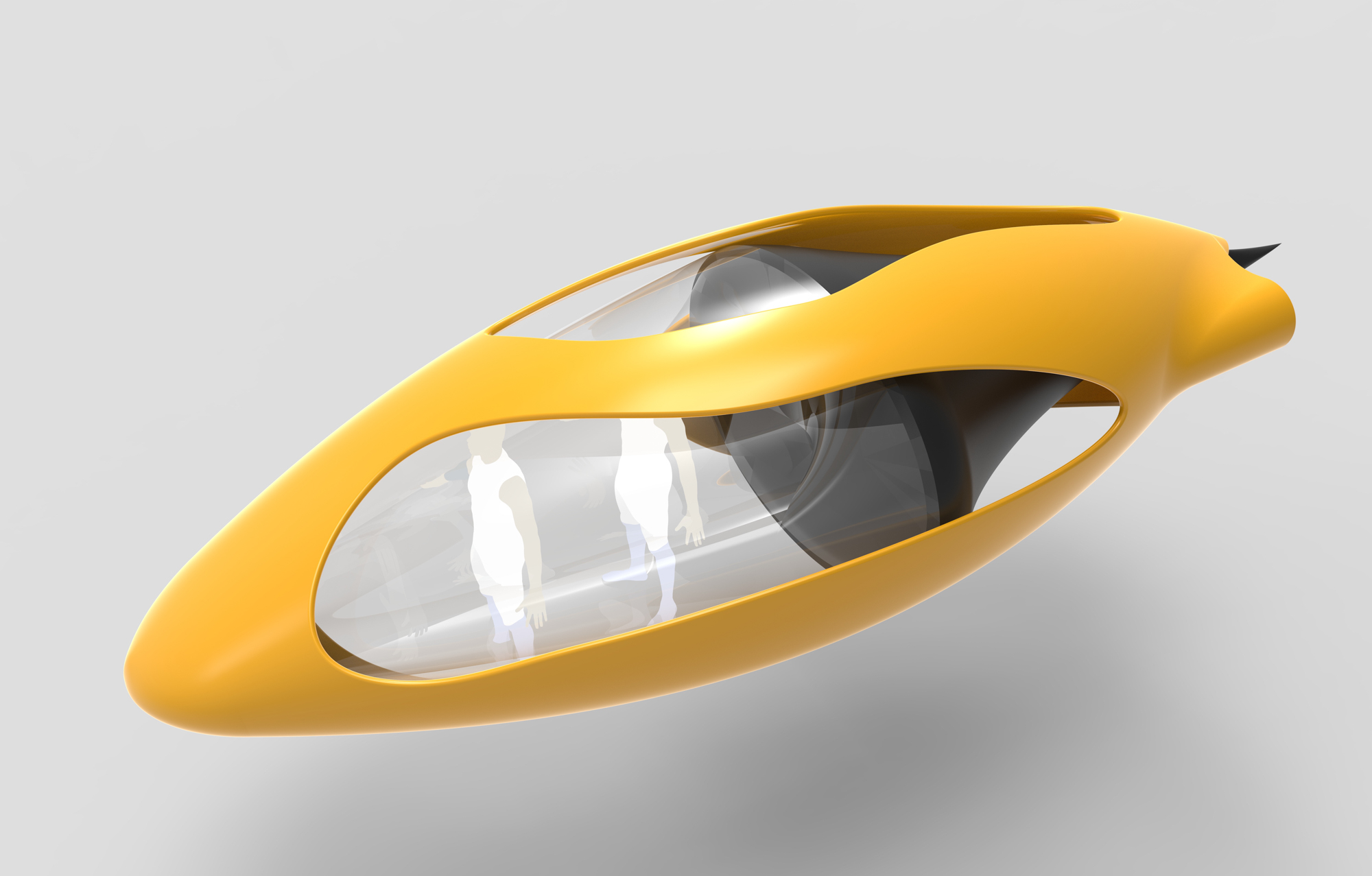 a rendering of a yellow submersible with large windows and a human crew