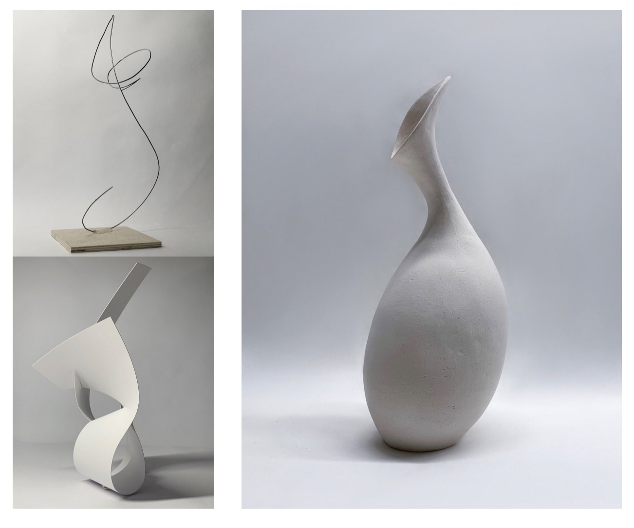 a grid of three photographs featuring the same form rendered first in wire, then with flat planes, then as a 3 dimensional vessel