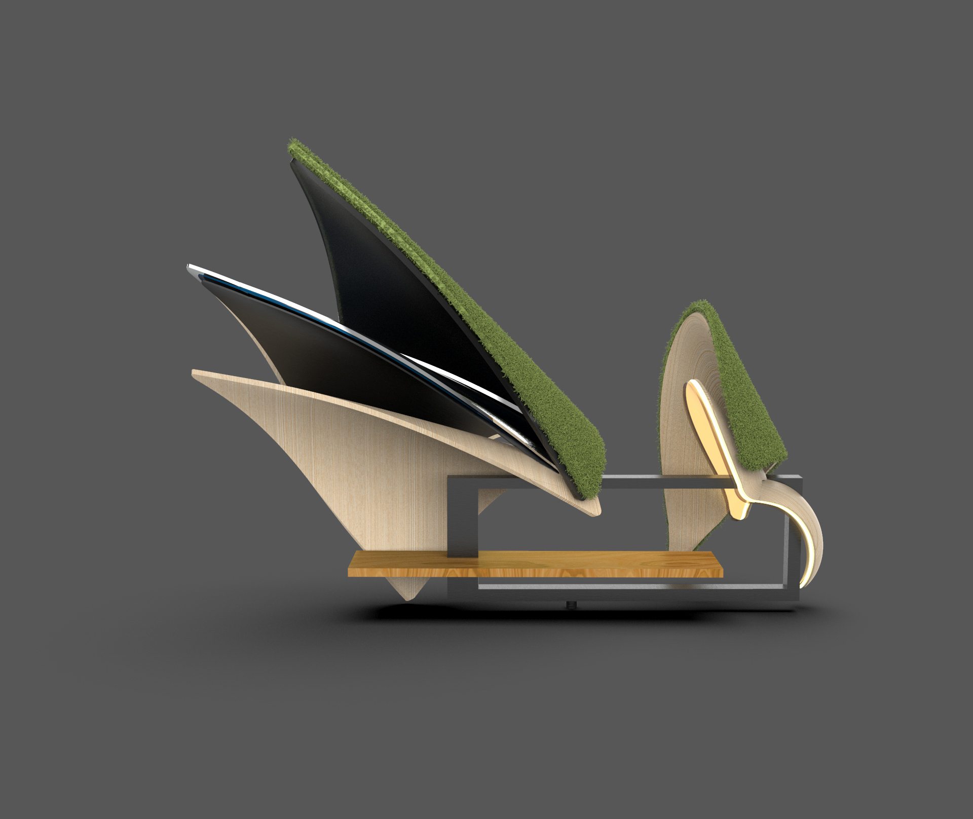 a rendering of a bus stop made of curved planes with a grass roof