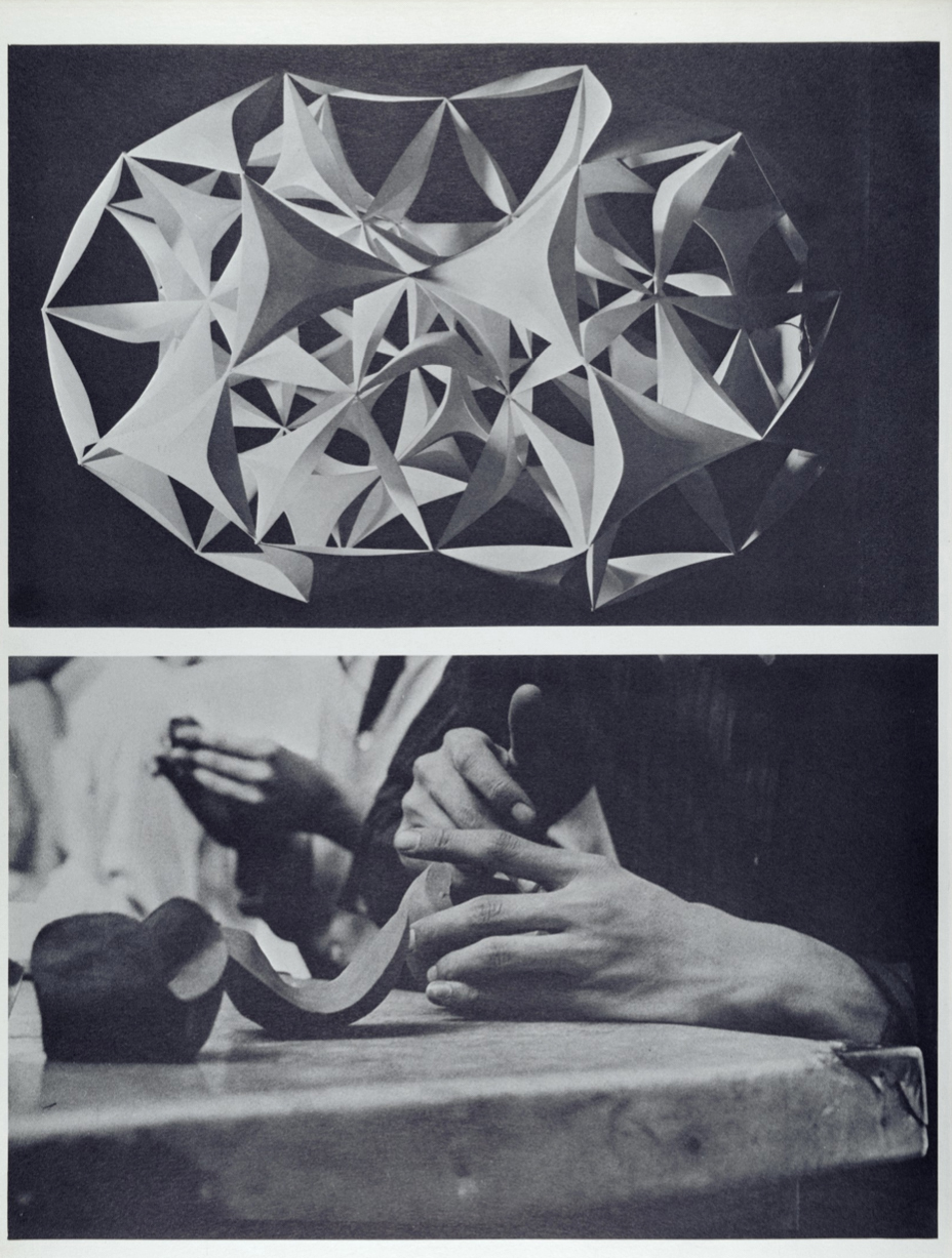 two photographs. the first shows a complex curved form. the second shows hands shaping a new form.