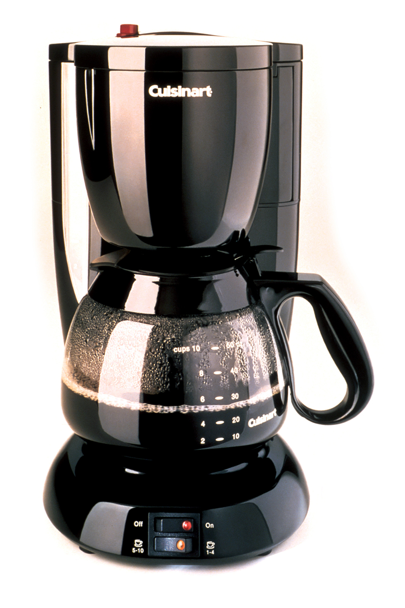 a black plastic coffee maker with a glass pot half full of coffee