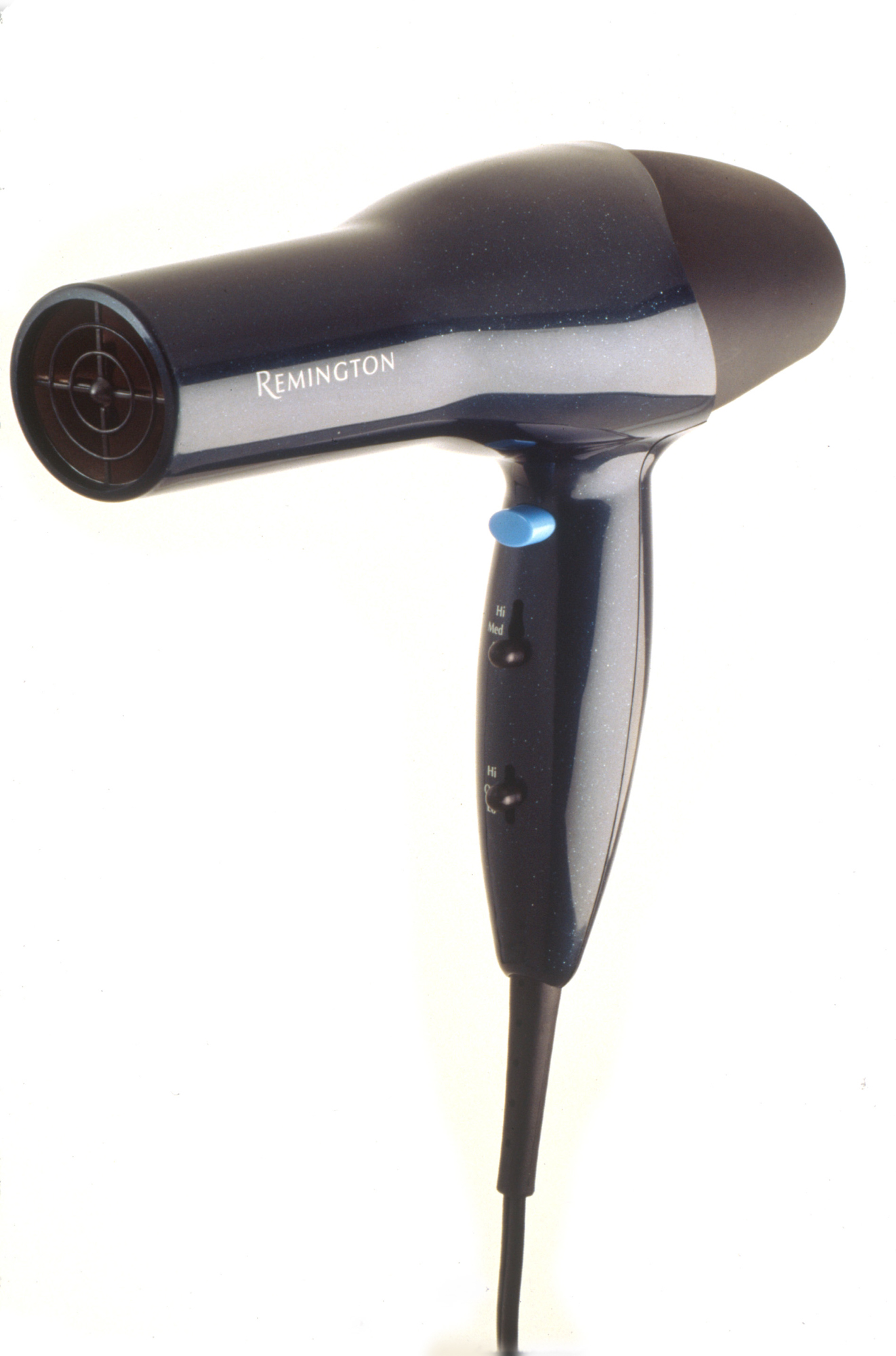 a black and speckled hair dryer with an electrical cord and blue trigger