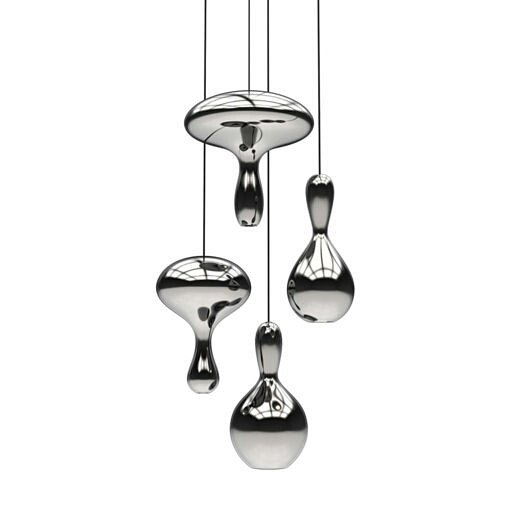 four chrome forms that resemble stout bowling pins that are suspended from wires