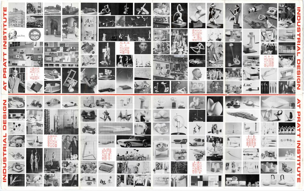 industrial design poster featuring a large grid of small black and white photographs
