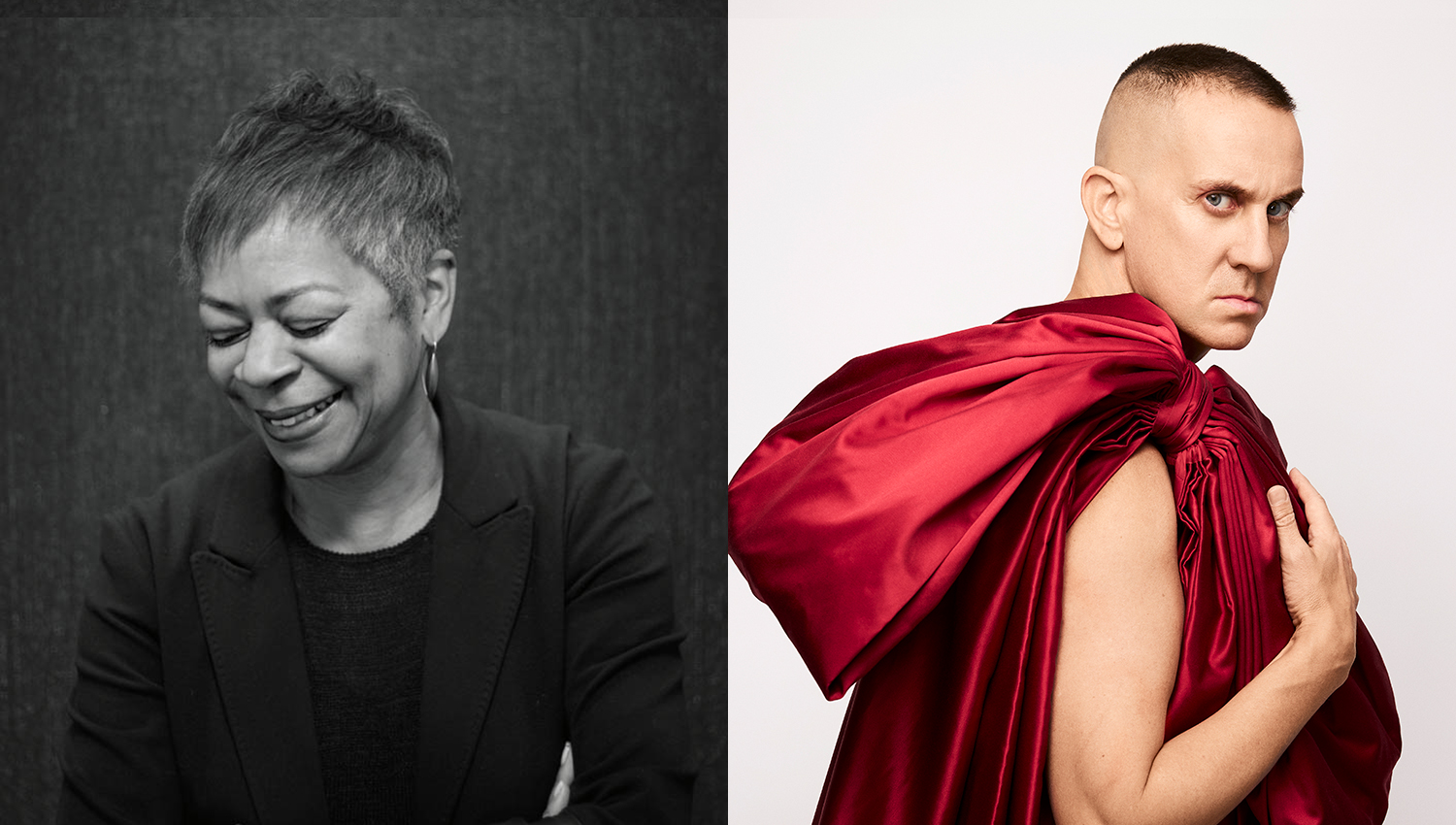 A split image features two individuals. On the left, a woman with short hair is smiling softly, wearing a black blazer against a dark background. On the right, a man with a closely cropped hairstyle looks directly at the camera, wearing a dramatic red fabric draped over his shoulder, set against a light background.