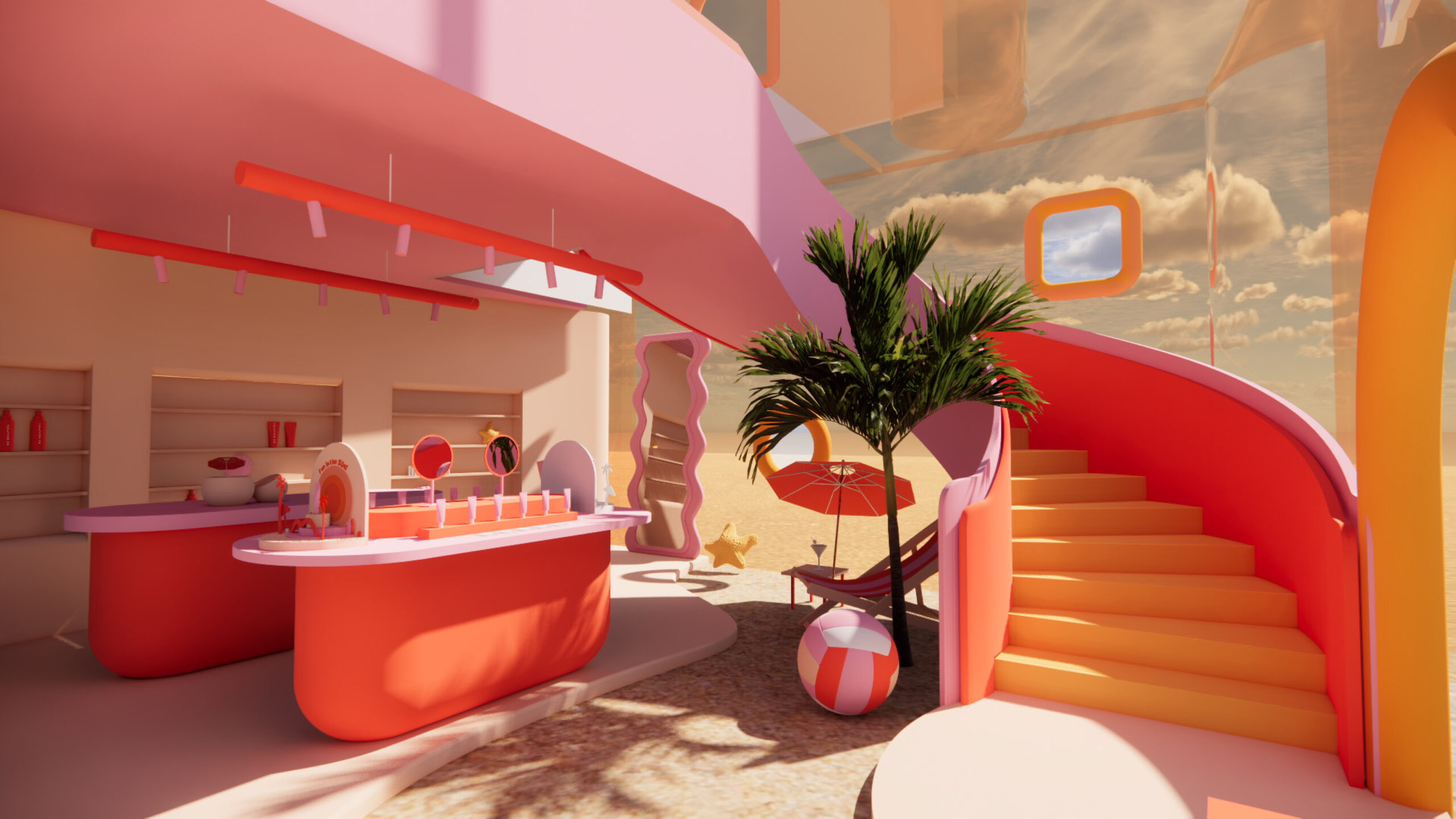 A colorful interior space featuring a curved bar with pink and red accents, shelves with decorative items, and a mirror. To the side, there is a small palm tree next to an umbrella and lounge chair, with a large beach ball nearby. A staircase with vibrant hues leads to an upper level, and the background showcases a sunny, beach-like setting with soft clouds.