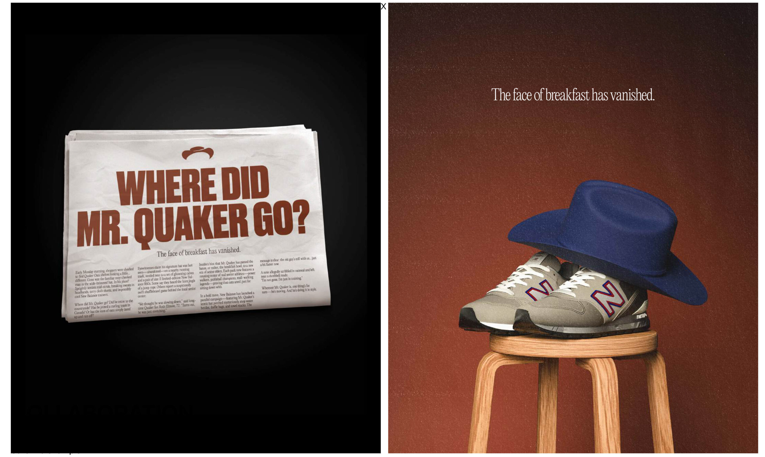 A split image features two panels. On the left, a newspaper with bold letters reads "WHERE DID MR. QUAKER GO?" The article underneath discusses the disappearance of Mr. Quaker, hinting at a mystery. On the right, a brown background displays a pair of New Balance sneakers resting on a wooden stool, topped with a large blue hat. The text above them states, "The face of breakfast has vanished."