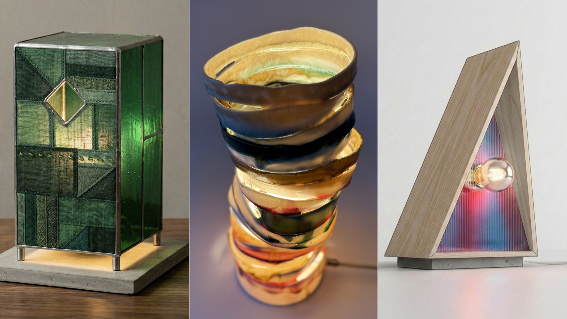Three unique table lamps are displayed side by side. 1. The left lamp is a geometric green glass design with a diamond-shaped cutout and a concrete base. 2. The middle lamp features stacked, wavy ceramic bands in various colors, softly glowing from within. 3. The right lamp has an angled wooden frame with a colorful, ribbed interior and a clear bulb, casting vibrant light.