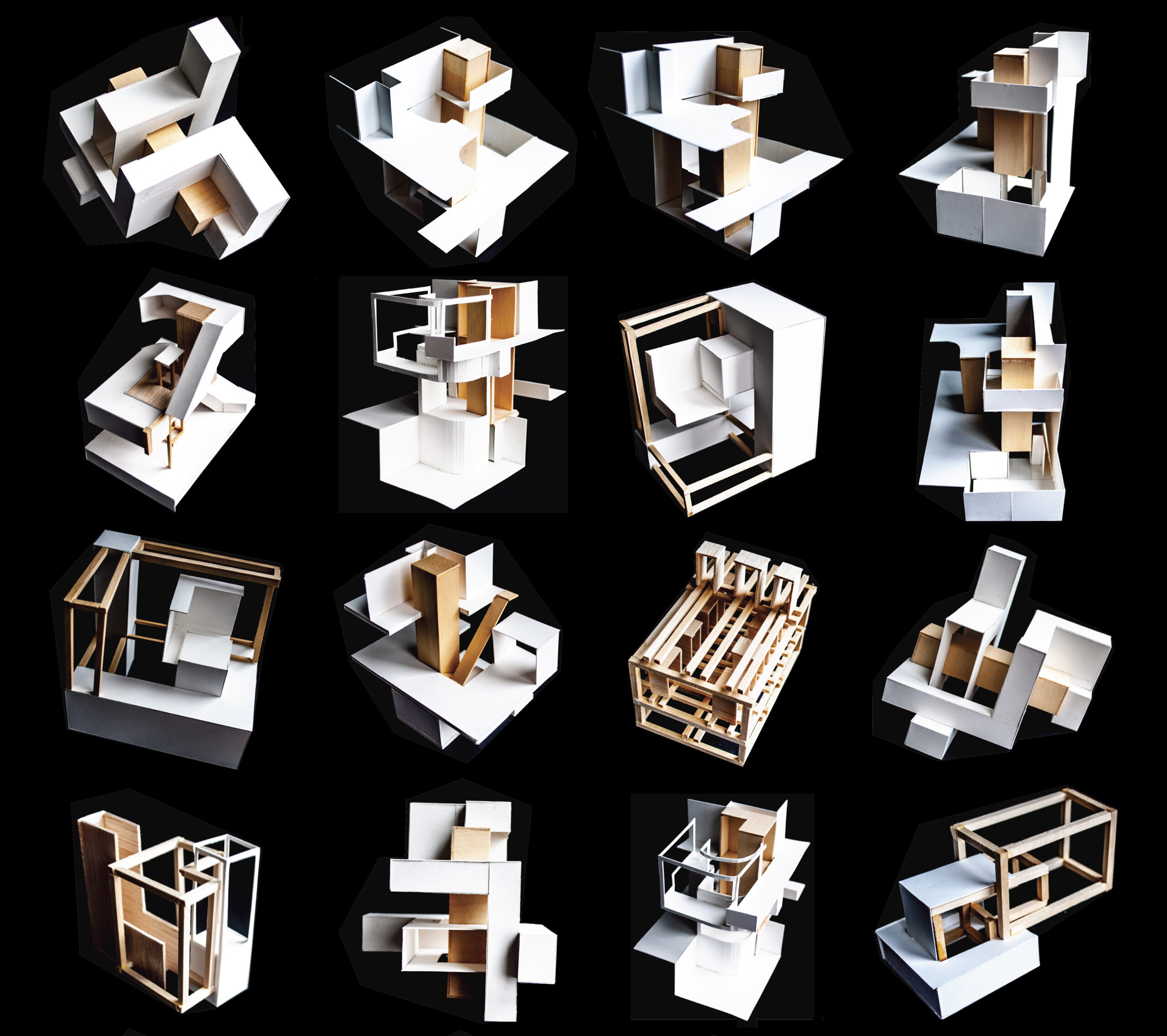 A composite image of multiple three dimensional renderings of interiors floating on a black background.