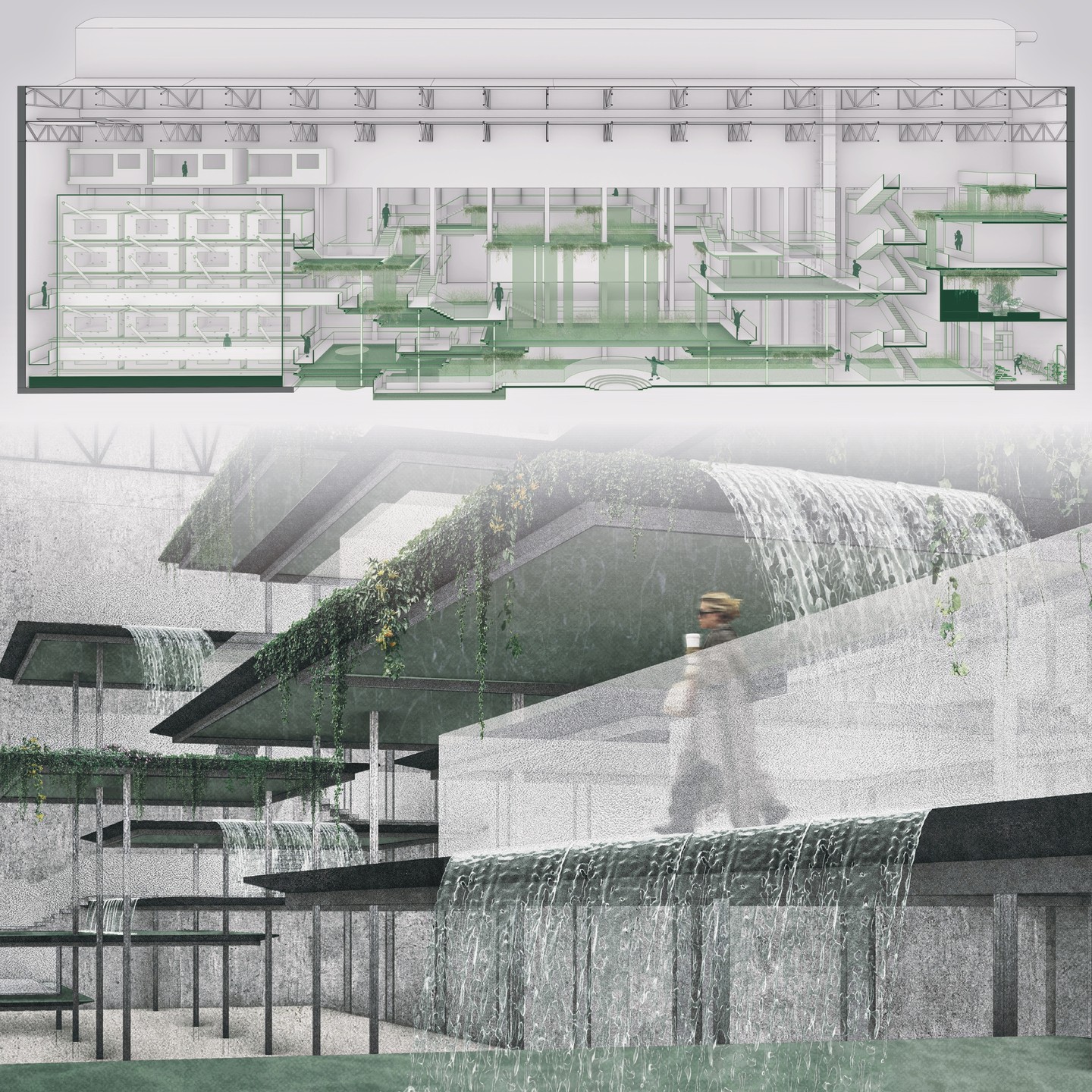 Junwen Chen, BFA’25
BREATHSCAPE - A complex for Carbon Sequestration and Respiratory Health
This project creates a breathable, restorative environment by integrating algae and black soldier flies into architecture to purify air and sequester carbon. It offers a healing space for vulnerable users, where they move through cascading algae pools and layered spaces, experiencing air purification as a visible, immersive part of daily life, while the system improves regional air quality through a living, regenerative cycle.
Thesis advisor: John Nafziger
#prattint2025book
#prattint2025bookbfa
#pratt_sod
#prattshows2025
#PrattGrad25
@prattinstitute
@pratt_sod
