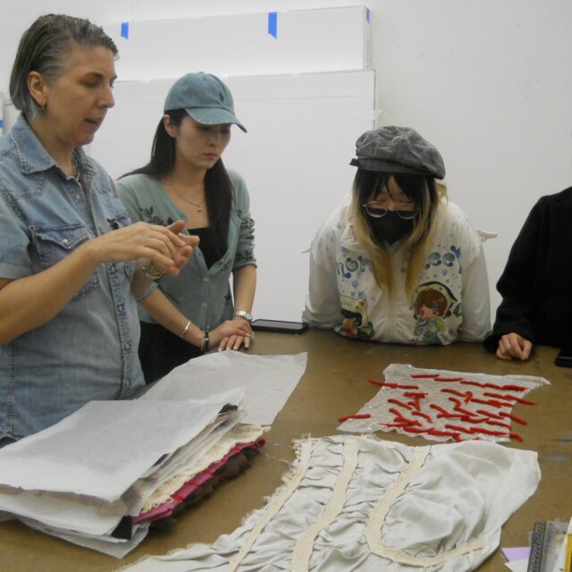 Our first-year MFA Fashion Collection + Communication students visited the Brooklyn studio and archive of multi-media and fiber artist @lizzycollins7 

Collins launched her knitwear-focused fashion label with a runway presentation in New York during Fashion Week in the 1990s. She spent the following four years building her company designing, producing, presenting, and selling her collections for the international fashion market. After this period, she pivoted her practice, which now spans textile installation, sculpture, drawing, performance, and design, challenging hierarchical distinctions between art and craft.

Students had the rare opportunity to explore archival materials from Collins’s early fashion collections alongside her contemporary artworks. Later in the day, they participated in a hands-on workshop focused on printing and color experimentation.

An inspiring day of fashion, material exploration, and artistic process!