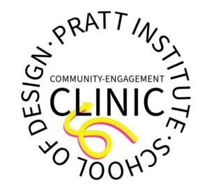 A circular logo featuring the text "Pratt Institute School of Design" in a bold font at the top and bottom, with "Community Engagement" centered above the word "CLINIC." The design includes a stylized yellow and pink graphic resembling a loop or swirl.