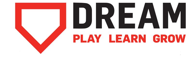 A logo with a red outline of a home plate shape next to the word 