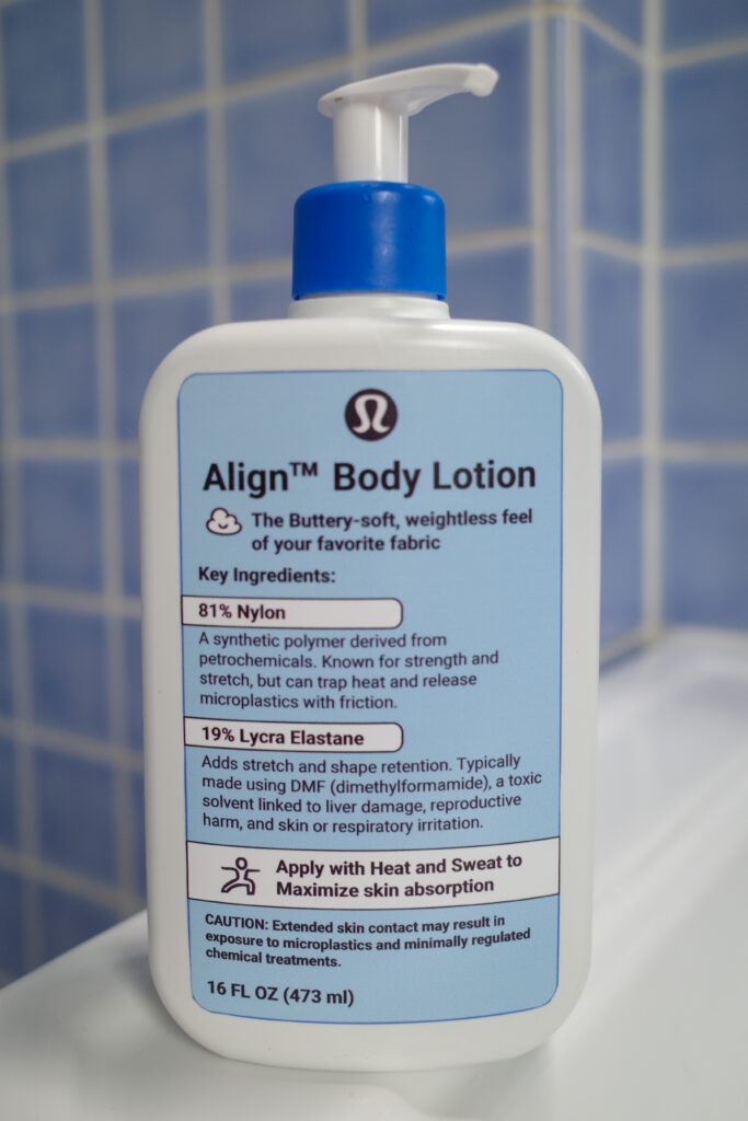 A bottle of Align™ Body Lotion with a blue pump lid. The label is light blue and includes product details: "The Buttery-soft, weightless feel of your favorite fabric." Key ingredients include 81% Nylon and 19% Lycra Elastane. Instructions mention applying with heat and sweat to maximize skin absorption. A caution note states that extended skin contact may result in exposure to microplastics. The bottle size is 16 FL OZ (473 ml).