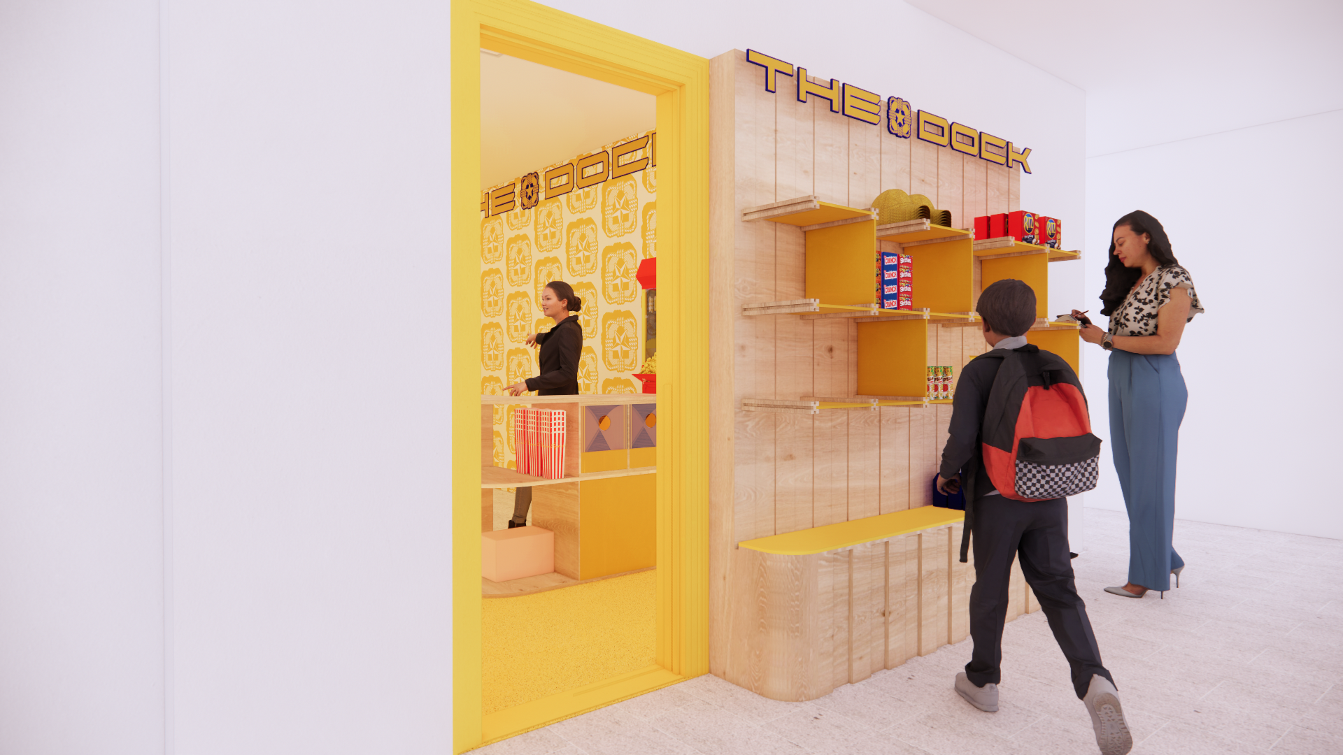A brightly colored shop interior featuring a yellow theme with wooden shelves. A woman in a black outfit is interacting with a customer behind a counter. A young boy with a black and red backpack is approaching a shelf, where a woman in patterned clothing is looking at products. The space has vibrant decorations and a welcoming atmosphere.