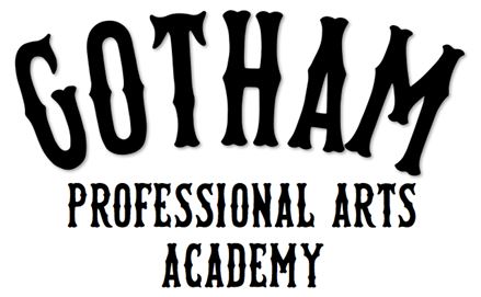 Black stylized text displaying "GOTHAM" at the top in a bold, curved font, followed by "PROFESSIONAL ARTS" in a simpler, uppercase font beneath it, and "ACADEMY" in a more decorative font at the bottom. The overall design has a classic and artistic feel.